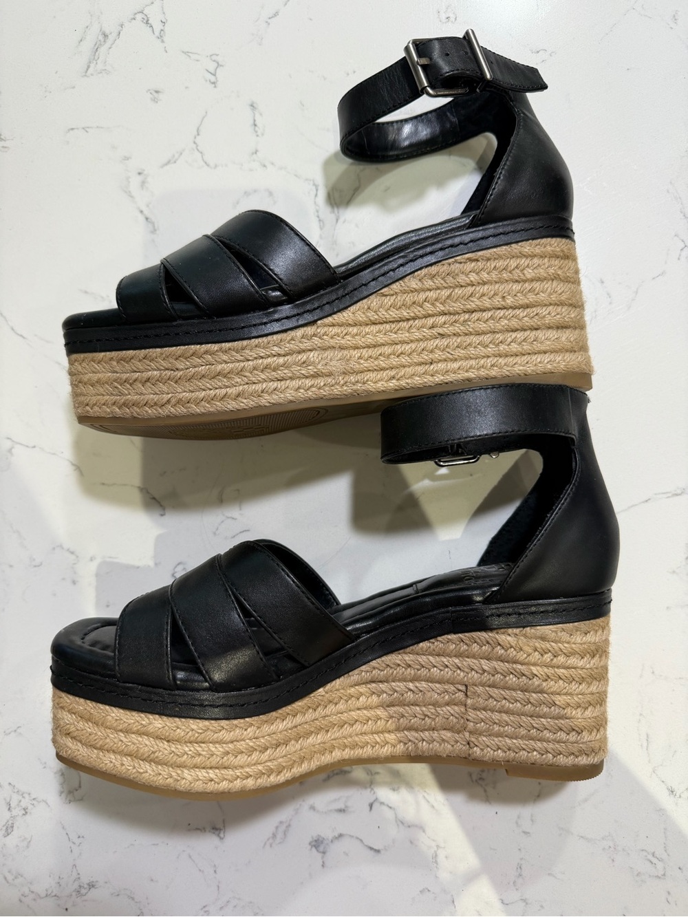 Vince Camuto Black Leather Espadrille Platform Wedges - Picture 3 of 6